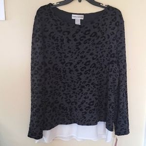 KATHY DANIELS Blouse Layered look Leopard Print Top Size L